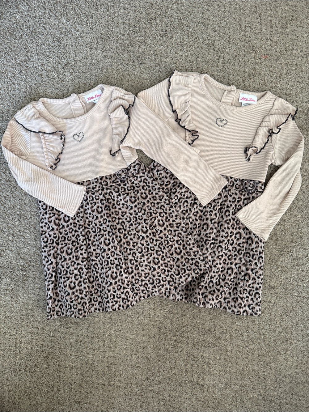 Twin set, Little Lass Beige Ruffle Heart Leopard Print Long Sleeve Dress
